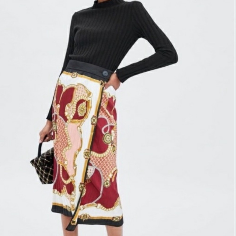 Zara TRF Chain Print Silk Satin Wrap Skirt Red white gold and black